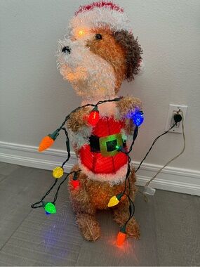 20" Lighted Christmas Dog Holding Christmas Lights In Santa Hat Holiday Decor